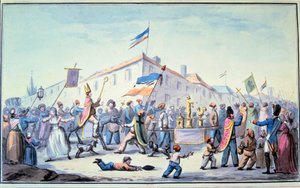 Revolução Francesa: "Formada a Mascarada do povo veste-se com roupas sacerdotais". Aquarela anónima. 1793. Paris, Biblioteca do L