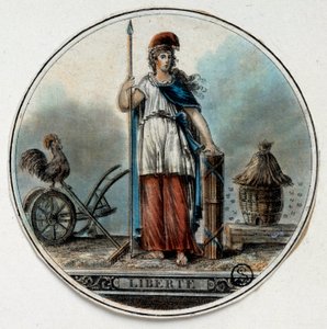 Revolução Francesa: alegoria de Liberte como uma mulher perto de uma colmeia e de um galo. Final do século XVIII Paris, B.N. de French School