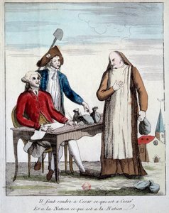 Revolução Francesa: representação caricatural de um membro do clero obrigado a devolver os bens da igreja. "Devemos devolver a César o que é a César e à Nação o que é à Nação" Gravura de 1790 Paris, Bibliotheque de l