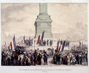 Revolução Francesa de 1848: proclamação da Segunda República ao pé da coluna de julho na Place de la Bastille em 25/02/1848. Litografia do século XIX. Paris, Museu Carnavalet de French School
