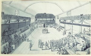 Revolução Francesa: o nascimento da Constituição em Setembro de 1791 redigida por Guy Jean-Baptiste Target (1733-1807) na sala do Jeu de Paume em Versalhes onde os deputados tinham prestado juramento em 20/06/1789. Desenho anónimo por volta de 1791. Paris, de French School