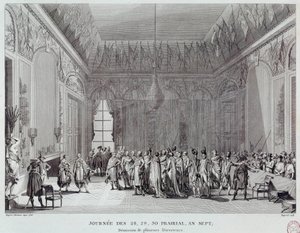 Revolução Francesa: os dias de 28, 29 e 30 Prairial do ano VII, que levaram, em 18/06/1799, ao golpe de Estado de Abbe Emmanuel-Joseph Sieyes (1748-1836) (ou a vingança dos Conselhos) e viu a demissão de vários diretores termidorianos. Gravação de o de French School