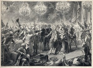 Revolução Francesa: os realistas juram lealdade à monarquia na presença do Rei Luís XVI (1754-1793) da Rainha Maria Antonieta (1755-1793) e do golfinho no banquete dos guarda-costas organizado em 1 de Outubro de 1789 na Orangerie de Versailles - de French School