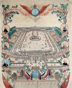 Revolução Francesa: vista da festa da federação nacional em 14/07/1790 no Campo de Marte. Gravura de 1790. Paris, Arquivo Nacional de French School