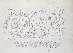 Caligrafia francesa: Placa de capital, gravura de Frisius, calcógrafo do rei por Robert Vignon, no jardim da escrita por volta de 1600. de French School
