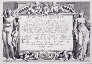 Caligrafia francesa: Poecilografia, frontispício, de Baptiste de Beaugrand, em 1606. de French School