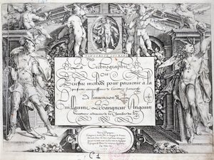 Caligrafia francesa: Tecnografia, frontispício de Guillaume o Gangneur por volta de 1599. Biblioteca histórica da cidade de Paris. de French School