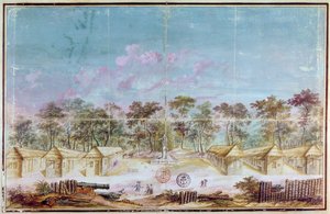 Colonos franceses assentamento na praia de Kourou, Guiana em 1763 (wc no papel) de French School