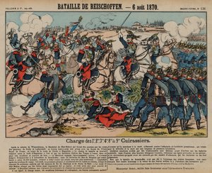 Cuirassiers franceses carregando a infantaria prussiana na Batalha de Reichshoffen, Guerra Franco-Prussiana, 6 de Agosto de 1870 (gravura colorida) de French School