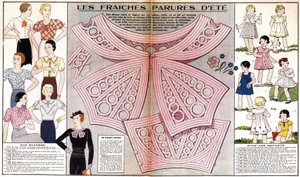 A moda francesa para o verão de 1934: moda feminina (blusas) e moda infantil (vestidos e fatos). Em "Le petit echo de la mode" de French School