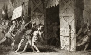 Cavaleiros franceses atacam uma cidade inglesa durante a Guerra dos 100 Anos, de &39;Histoire de France&39; por Colart, publicada em 1840 de French School