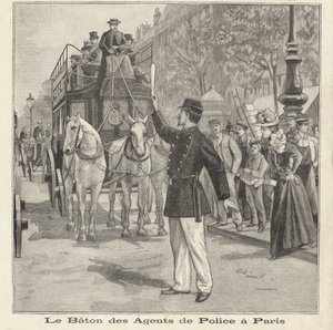 Policial francês usando seu bastão para dirigir o trânsito nas ruas de Paris (gravura) de French School