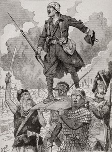 Cartaz de propaganda francesa intitulado "On Les Aura", ou Nós os teremos. Quatro soldados de diferentes períodos históricos carregam um soldado ferido mas desafiante da Primeira Guerra Mundial num escudo. Da Agenda Buvard du Bon Marche publicada em 1917. de French School