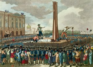 Revolução Francesa: execução na guilhotina do rei Luís XVI (1754-1793), o carrasco apresenta a sua cabeça cortada. Gravura segundo desenho de Fious. Século XVIII. Paris, Museu Carnavalet de French School