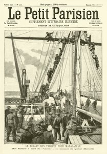 Soldados franceses partem de Marselha para Madagáscar (gravura) de French School