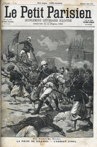 Soldados franceses no Sudão: Maio de 1898. Sack of Sikasso pelo Coronel Audeoud (Sudão). A captura de Sikasso. Capa do "Le petit parisien" de junho de 1898. de French School