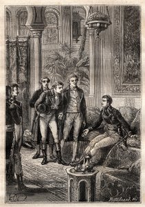 Friedrich Konrad Hornemann (1772-1801) conheceu Napoleão Bonaparte no Cairo em 1797 na presença de Gaspard Monge (1746-1818) e Claude Louis Berthollet (1748-1822) - ilustração tirada de "Os Grandes Marinheiros do século XVIII". de French School