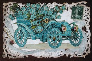 Cartão de boas-vindas da amizade retratando um carro coberto de flores, início do século 20 (cor litho)_ de French School