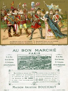 Frente e verso de um cartão promocional para a loja de departamento parisiense Au Bon Marché, retratando uma das canções folclóricas mais populares em língua francesa, Marlbrough sen va-t-en-guerre (Marlborough