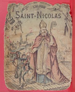 Capa de um álbum de fotos representando São Nicolau trazendo presentes para as crianças, final do século XIX (gravura a cores) de French School
