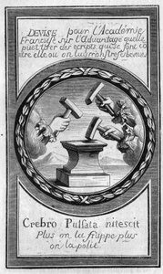 Frontispício dos "Factums" contra a Academia Francesa por Antoine Furetiere (1619-1688). Gravura a partir de 1860. de French School