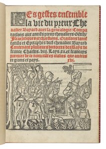 Frontispício de "Os gestos unem a vida do valente Chevalier Bayard à genealogia", de Symphorien Champier de French School