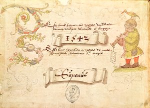 Frontispício de Recueil de Canto Religioso e Profano IX representando um homem de óculos tocando um instrumento de sopro com um pássaro na cabeça, 1542 de French School