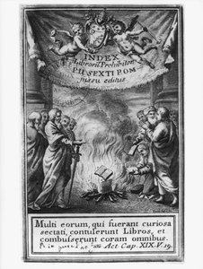 Frontispício de livros índice Prohibitorum representando um auto-de-fé de 1786 de French School