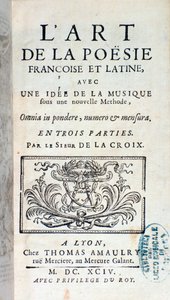 Frontispício da arte da poesia francesa e latina, com uma ideia de música sob um novo método de Pherotee La Croix de French School