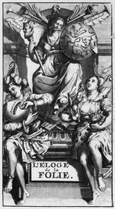 Frontispício para Em louvor da loucura por Desiderius Erasmus de French School