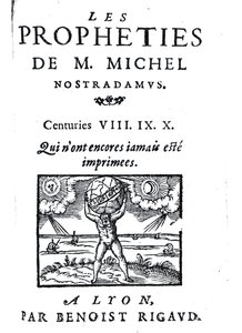 Frontispício das profecias de M. Michel Nostradamus, pub. por Benoist Rigaud, 1568 de French School