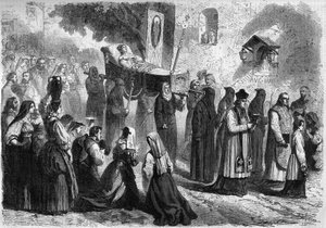 Cortejo fúnebre nas ruas de Sparanisi (Itália) durante o funeral de uma jovem rapariga de French School