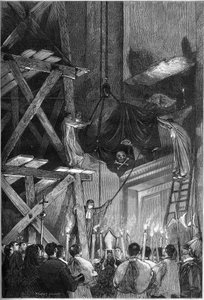 Funeral do Papa Pio Ix (Pio) (1792-1878): enterro do corpo na Basílica de São Pedro, em Roma. Gravura no "Le Monde Illustré" n°1093 de 9 de Março de 1878. de French School
