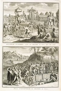 Ritos fúnebres e a maneira de senhores sepultadores após sua morte, no Peru, ilustração de Cerimônias Religiosas e Costumes, gravada por Bernard Picart (1673-1733) 1722 de French School