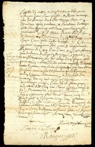 Contrato de comércio de peles entre Francois Francoeur e quatro voyageurs para transporte de mercadorias e compra de beaverpelts em Michilimackinac e Chicago, 1692 (ver também 332318) de French School