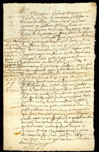 Contrato de comércio de peles entre Francois Francoeur e quatro voyageurs para transporte de mercadorias e compra de beaverpelts em Michilimackinac e Chicago, 1692 (ver também 332317) de French School