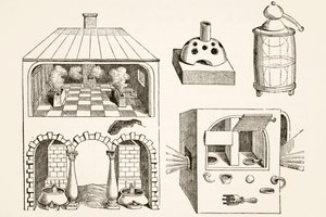 Fornos e diversos aparelhos utilizados por químicos e alquimistas na Idade Média, após uma gravura de Vriese, de Science and Literature in The Middle Ages de Paul Lacroix pub. Londres 1878 de French School