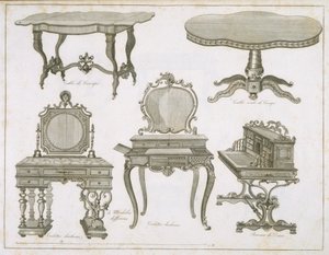 Designs de móveis por Lefevre-Chauveaux, do álbum Dessins de Meubles, gravura em preto e branco de French School