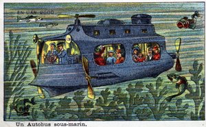 Futuredays: Uma Visão do Século XIX da Série do Ano 2000: Um autocarro subaquático. Cromolitografia de Villemard de French School