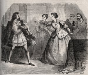 Gabrielle de Vergy contesta seu noivo, Eudes de Fayel, que tem ciúmes da amizade que tem com seu primo, Albert de Nozereau. Cena de uma lenda do século XII. Gravura de 1871 em "Histoire Des Cocus Celebres" de Henry de Kock (1819-1892). de French School