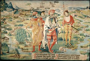 Galathes, 11o rei dos gauleses com um mapa da Gália para trás, detalhe de uma tapeçaria na história dos reis dos gauleses, oficina de Arras, c.1530