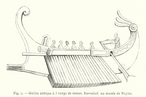 Antigua cozinha com 3 filas de remos, baixo-relevo, no museu de Nápoles (gravura) de French School