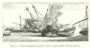 Galley atacando um grande navio; depois de Israel Silvestre, século 17 (gravura) de French School