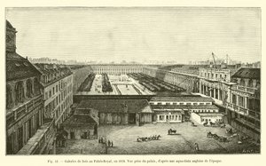 Galerias de madeira no Palais Royal, em 1828, Vista tirada do palácio, de uma aqua-tinta inglesa da época de French School