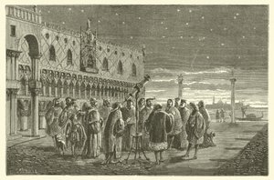 Galileu mostra os satélites de Júpiter aos senadores de Veneza (gravura) de French School