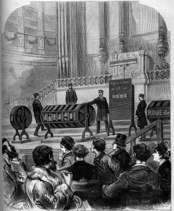 Jogo de azar: sorteio da Loteria Nacional na sala de festas do Trocadero no dia 6 de Janeiro de 1879 em Paris. Gravura no "Le Monde Illustré" n°1140 de 1 de Fevereiro de 1879. de French School