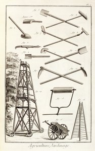 Ferramentas de jardinagem e uma plataforma de poda móvel, da enciclopédia de Ciências e Metiers por Denis Diderot (1713-84) publicado c.1770 de French School