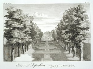 Jardins em Tshehar-Bagh, Isfahan, de Travels of Chardin Knight na Pérsia e outros lugares do Oriente, por Jean Chardin (1643-1713), publicado em 1811 de French School