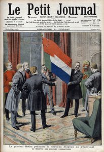 General Pieter Willem Botha (um bôer) apresenta a nova bandeira do Transvaal (África do Sul) ao Ministro Colonial Inglês Lord Elgin - No "Le Petit Journal" de 21 de Julho de French School