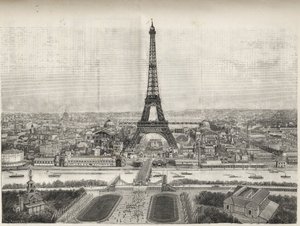 Vista Geral da Feira Mundial de Paris em 1889 com a Torre Eiffel de Trocadero, gravura - Vista Geral da Feira Mundial de Paris em 1889 com a Torre Eiffel, gravura no Le Monde ilustre de 1889 de French School
